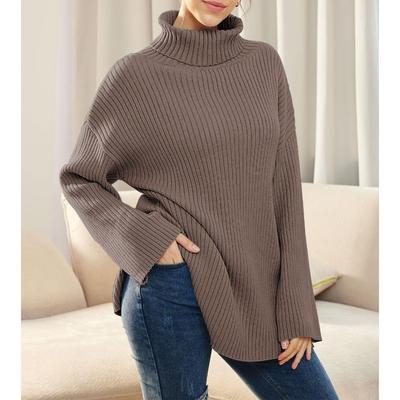 Autumn and Winter Women's Plus Size Tall Oversized Pullover Split Long Sleeve High Neck Ribbed Knit Sweater