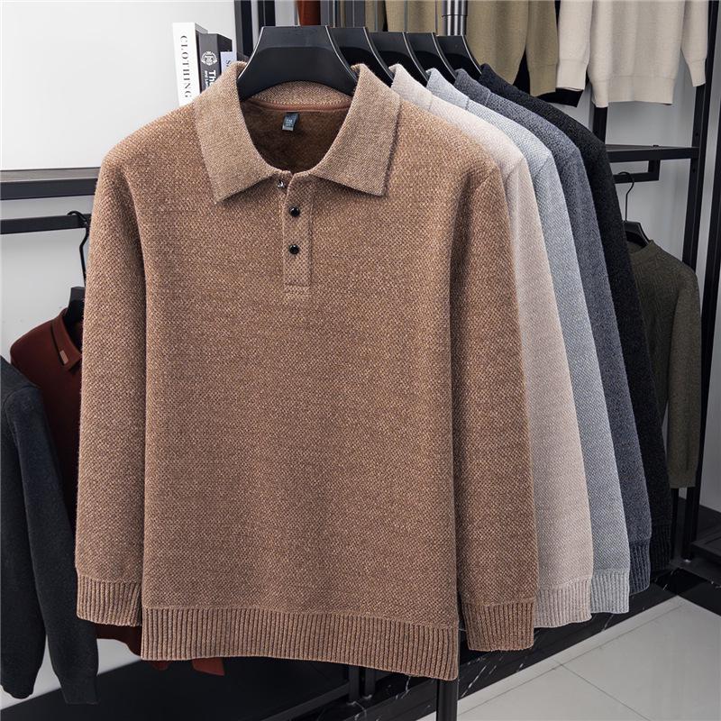 Men's Plus Velvet Knitwear Winter Lapel Polo Shirt - Middle-aged Casual Warm Long Sleeve Sweater Base Layer