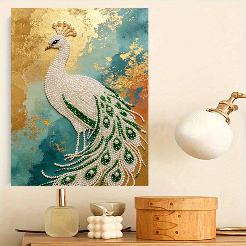 DIY Pearl Gem Elegant Peacock Pattern Shining Bead Craft Art Home Wall Ornament Simple Unframed Room Decoration Art Modern Style Wall Decor