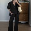 Spring and Summer New Sweet Solid Color Set Cotton V-neck Top Puff Short Sleeve Long Pants 2-piece Set