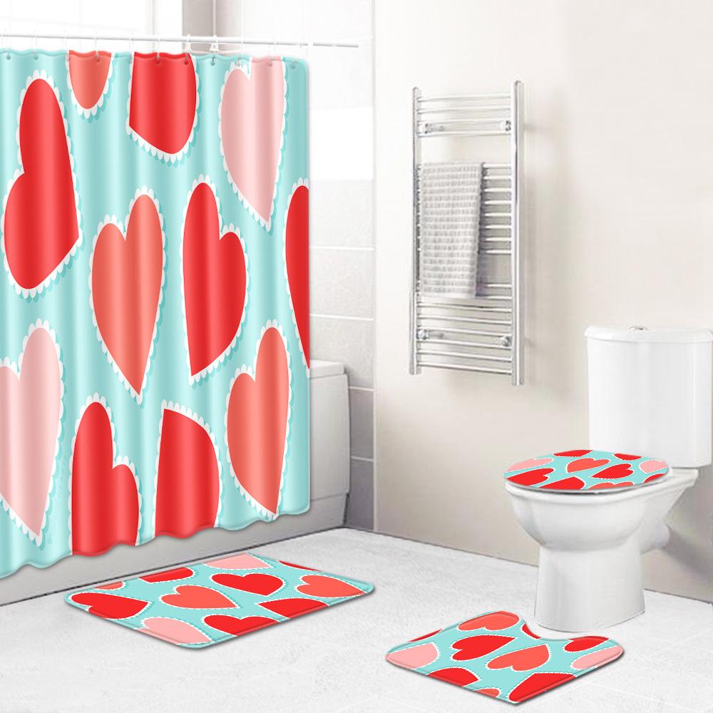Love Valentine'S Day Shower Curtain Floor Mat Four-Piece Set Bathroom Non-Slip Door Mat Bedroom Carpet