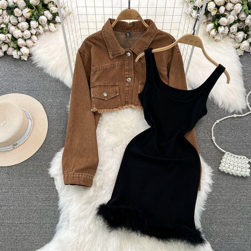 

Retro Short Denim Coat Vest Dress Jacket Black dress + brown coat All yards