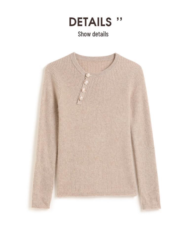 Women's Slim Fit Cashmere Sweater - Round Neck Ribbed with Diagonal Buttons, Elegant Knitwear for Autumn and Winter