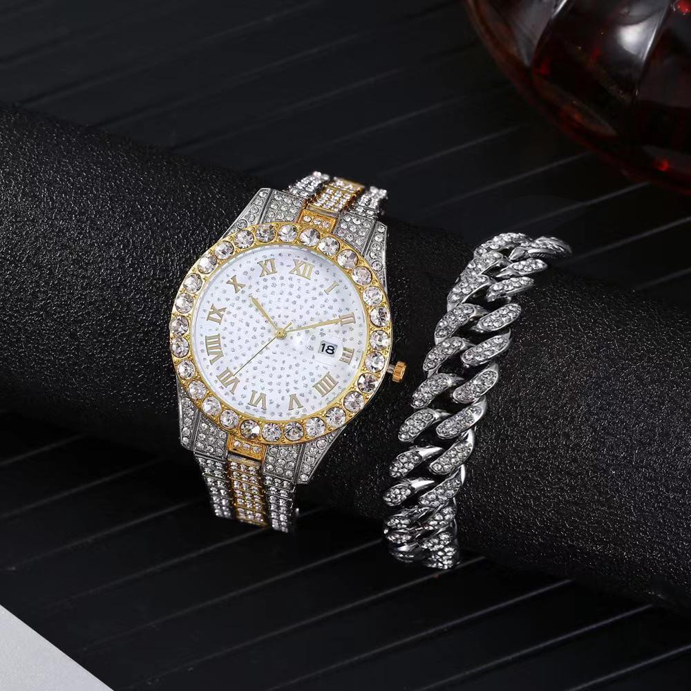 Neue Europäische Strass- und Stahluhr mit Hip Hop Cuban Armband