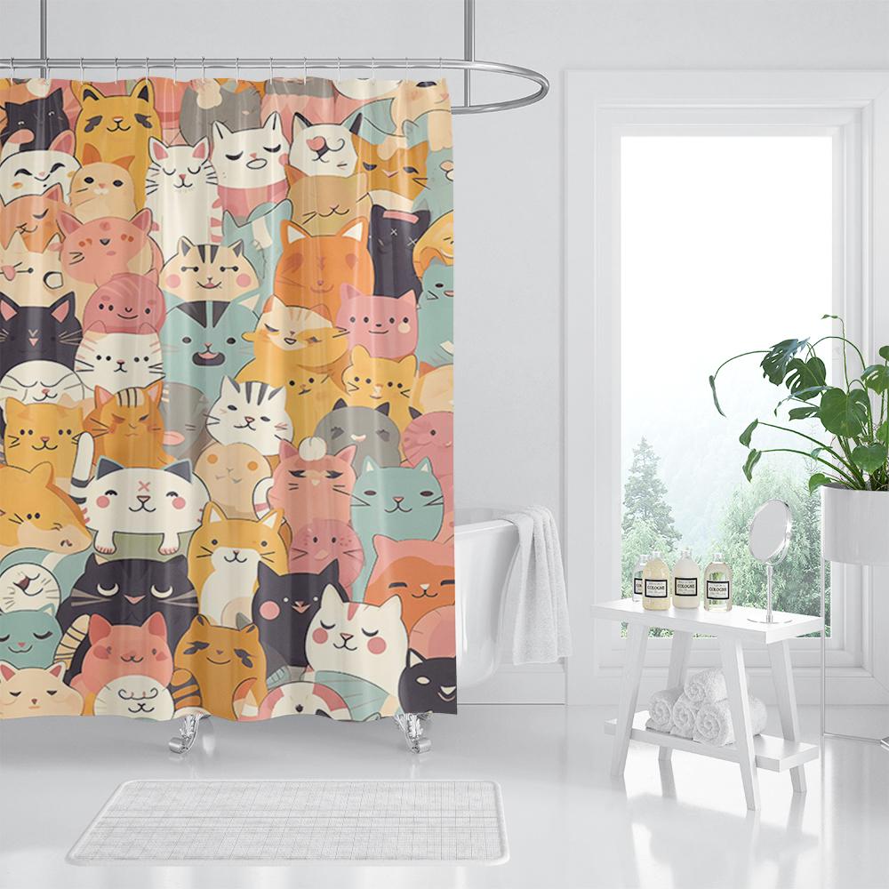 Cat Printed Shower Curtain Color Cartoon Lovely Animal Bear Polyester Fabric Hanging Curtains Bathroom Bathtub Decor with Hooks