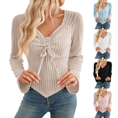 Modisches, einfarbiges, plissiertes, langärmeliges, kurzes T-Shirt-Oberteil für Damen