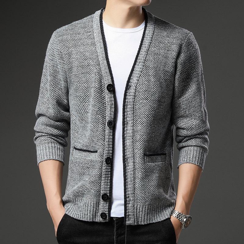 Men's Autumn/Winter Plus Velvet V-Neck Long Sleeve Cardigan Sweater