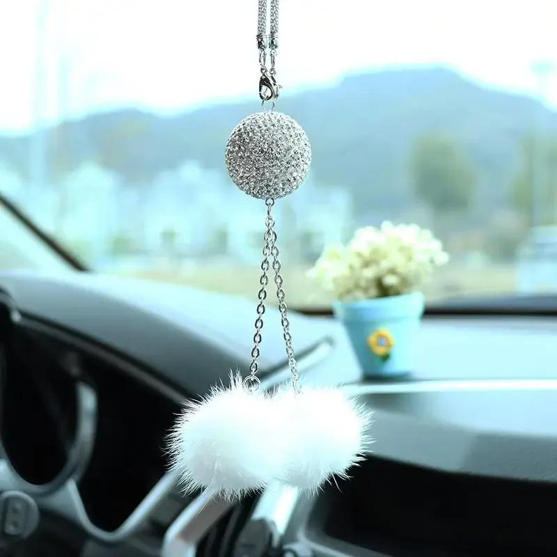 Pendentif créatif en forme de cœur pêche pour rétroviseur, boule de cristal et de diamant, style pompon, décoration de voiture