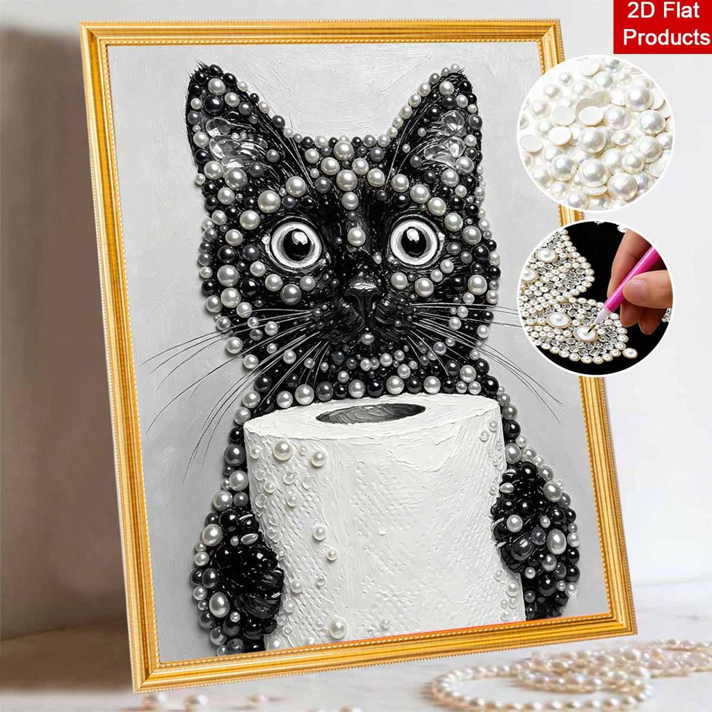 5D Pearl Painting Kit Framed with Funny Black Cat Toilet Paper Design Sparkling Bead Art Canvas DIY Relaxing Craft for Wall Decor Gift