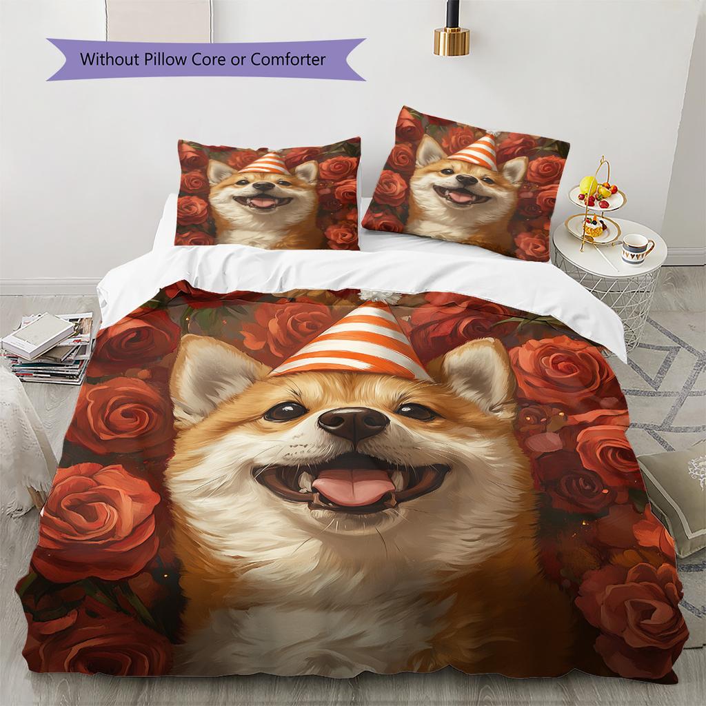 Rose Dog Pattern Bedding Quilt Set Home Decoration Gift (1 * duvet cover + 2 * pillowcase without core)