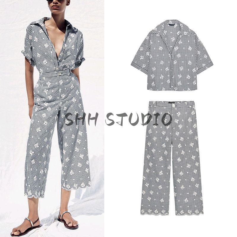 Cut Out Embroider Decorative Long Sleeves Lapel Shirt 3409930 Small Plaid Wide Leg Casual Trousers 3400930