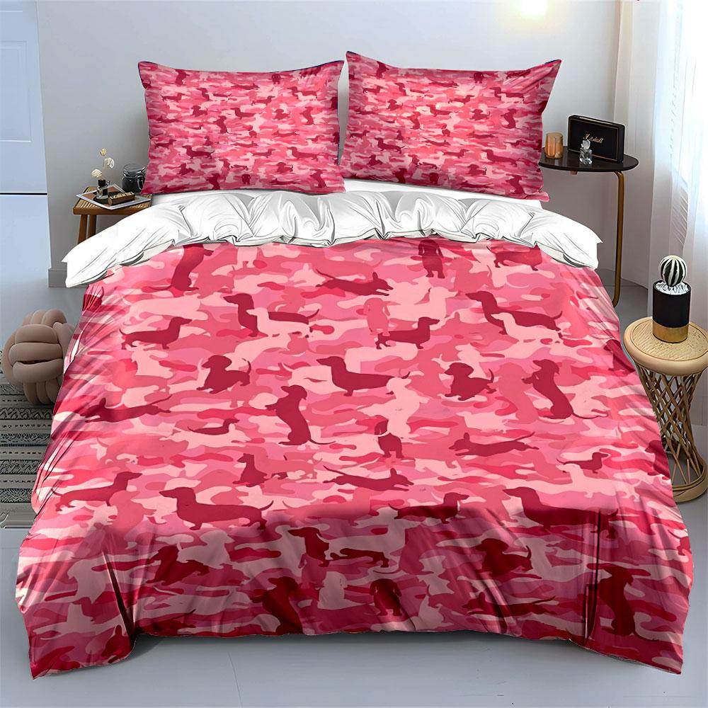 Pink Dachshund Camo Pattern Bedding Duvet Cover Set Duvet Cover Pillowcases (1*Duvet Cover 2*Pillowcases, Without Duvet Insert)