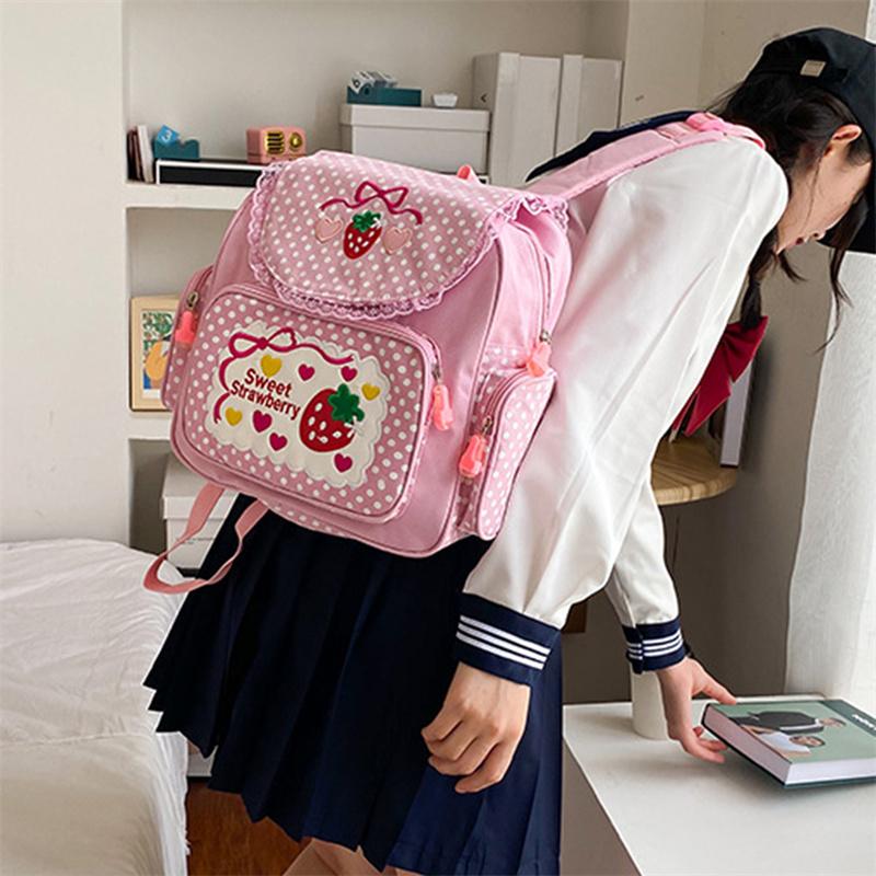 Mochila Escolar Kawaii para Crianças Bordado de Morango Fofo Mochila de Estudante Bolinhas Múltiplos Bolsos Nylon Moda Faculdade Para Menina Adolescente