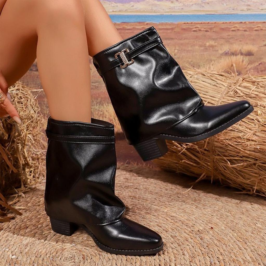 Women's Retro Pointed Toe Block Heel Boots with for Fall and Winter