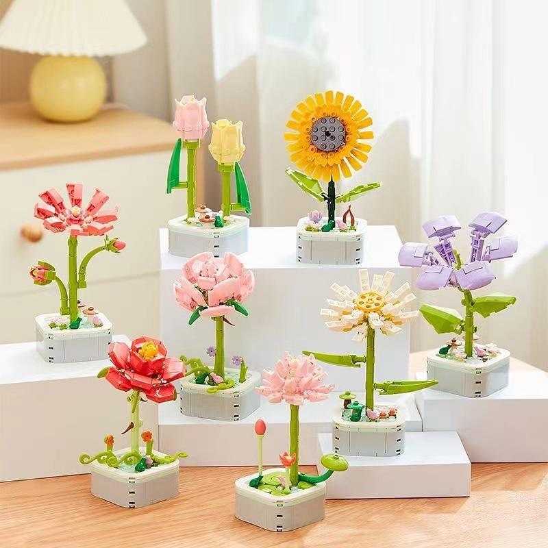 Bouquet Building Block Set Plant Potted Bricks Toys Sunflower Rose Tulip Simulation Flower Desktop Ornament Girls Romantic Gifts