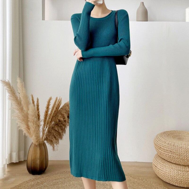

Осень Сплошной вязаный свитер Midi Платья Женские Новые Все Матчи Трикотаж с длинным рукавом Трикотаж