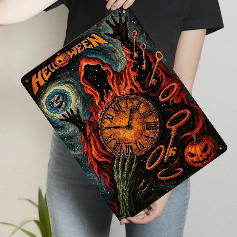 

Halloween Dark Style Metal Iron Painting Mysterious Clock Pumpkin Decorative Wall Art for Living Room 20x30cm（7.8x11.8inch）