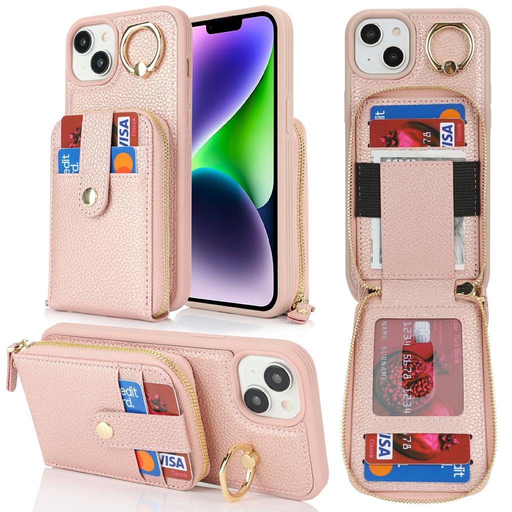For iPhone 15 Plus/14 Plus Case with Zipper Pouch/Ring Kickstand/Strap Litchi Texture PU+TPU Phone Cover