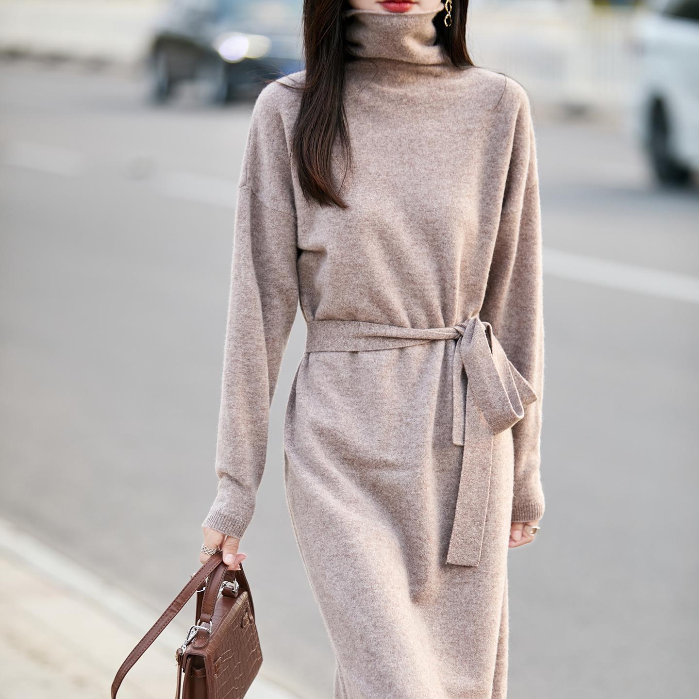 Elegant Stacked Collar Wool Sweater Dress