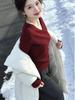 Korean Red V-Neck Long-Sleeve Women's T-Shirt, Spring Chic Slim-Fit Top for Layering