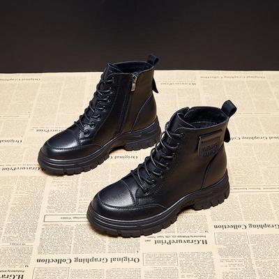 Women's British-Style Genuine Leather Martin Boots, Autumn/Winter 2025: Short, Round Toe, Chunky Heel, Lace-up with Side Zipper.