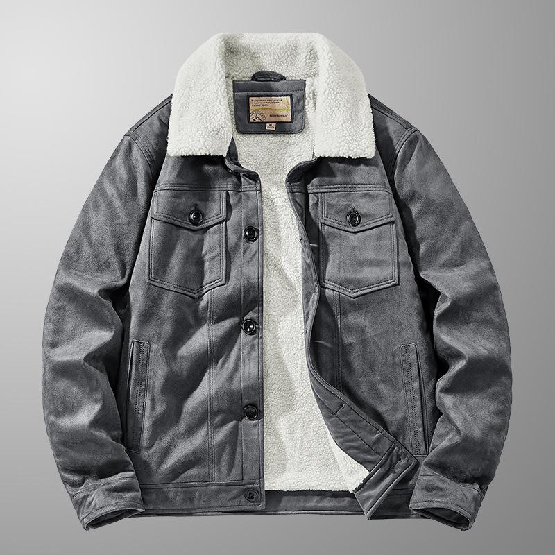 Autumn and Winter Suede Jacket Men's Velvet Thickened Lapel Multi-pocket Sherpa Warm Jacket