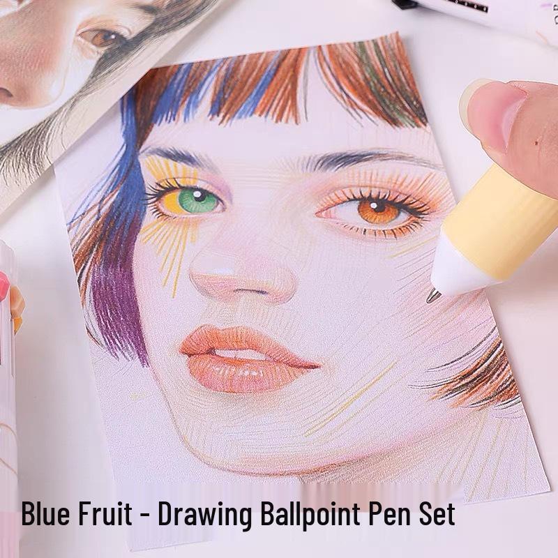 Blue Fruit 60-Color Multicolor Soft Grip Ballpoint Pen Set: Push-Type, Ten-Color All-in-One Writing Tool