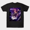 Men Black Print T-shirt Rainbow Laser Space Cat On Dinosaur Eating Pizza No-Cut Transfer Paper Print Cotton Tshirt