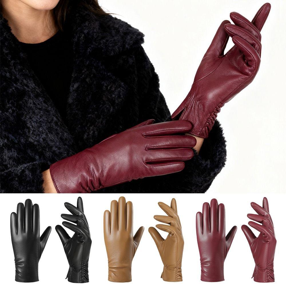 Fleece Lined Five Finger Gloves PU Leather Winter Warm Gloves Women's Gloves  Outdoor Cycling