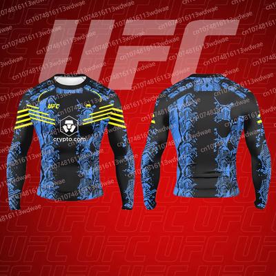 UFC x Crypto 2026 Oficjalna Koszulka Kompresyjna z Długim Rękawem Męska do Treningu MMA Siłowni Sportowa Niebiesko-Czarny Design