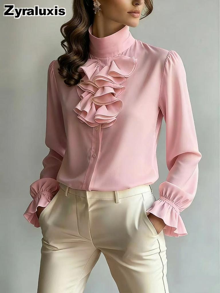 New Style Chic Casual Loose Collar Solid Color Ruffled Shirt for Women
