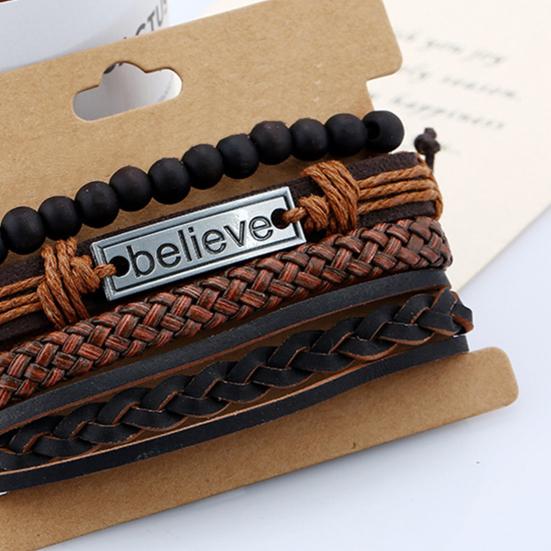 4Pcs/Set Men Fashion Adjustable Faux Leather Braided Rope Believe Letters Beaded Bracelet