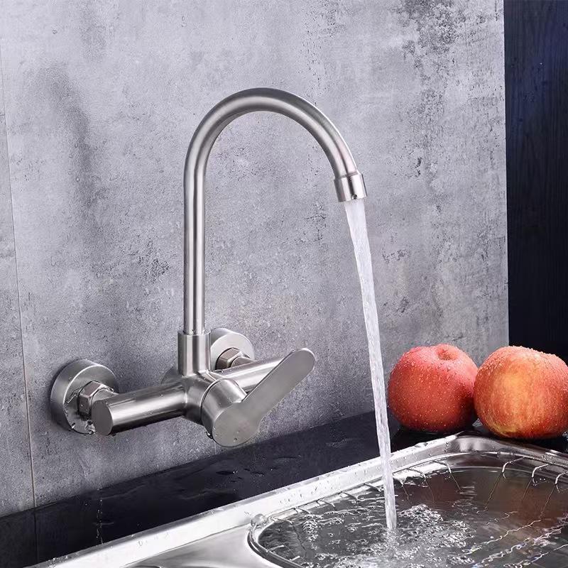 Grifo de Cocina de Acero Inoxidable 304 Montado en Pared de Doble Agujero con Salida Giratoria de Agua Caliente/Fría
