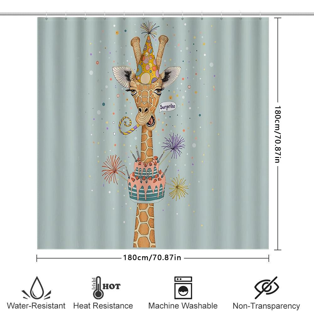Cute Animal Birthday Party Shower Curtain Giraffe Happy Birthday Backdrop Festive Bathroom Decor Washable Waterproof Home Decor
