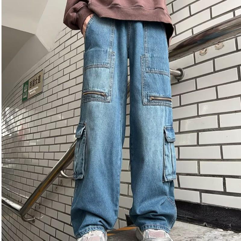 Unisex American Retro Wide-Leg Washed Jeans: Multi-Pocket Casual Overalls for Autumn and Winter.