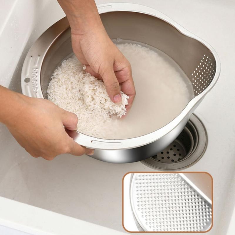 Easy To Store Rice Washing And Draining Tool Multipurpose Stainless Steel Strainer Bowl for Rice and Vegetable Draining