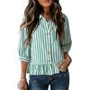 Women's Collar Three Quarter Sleeve Button Down Striped Blouse Loose Vintage Ruffle Hem Casual Commuter Shirt