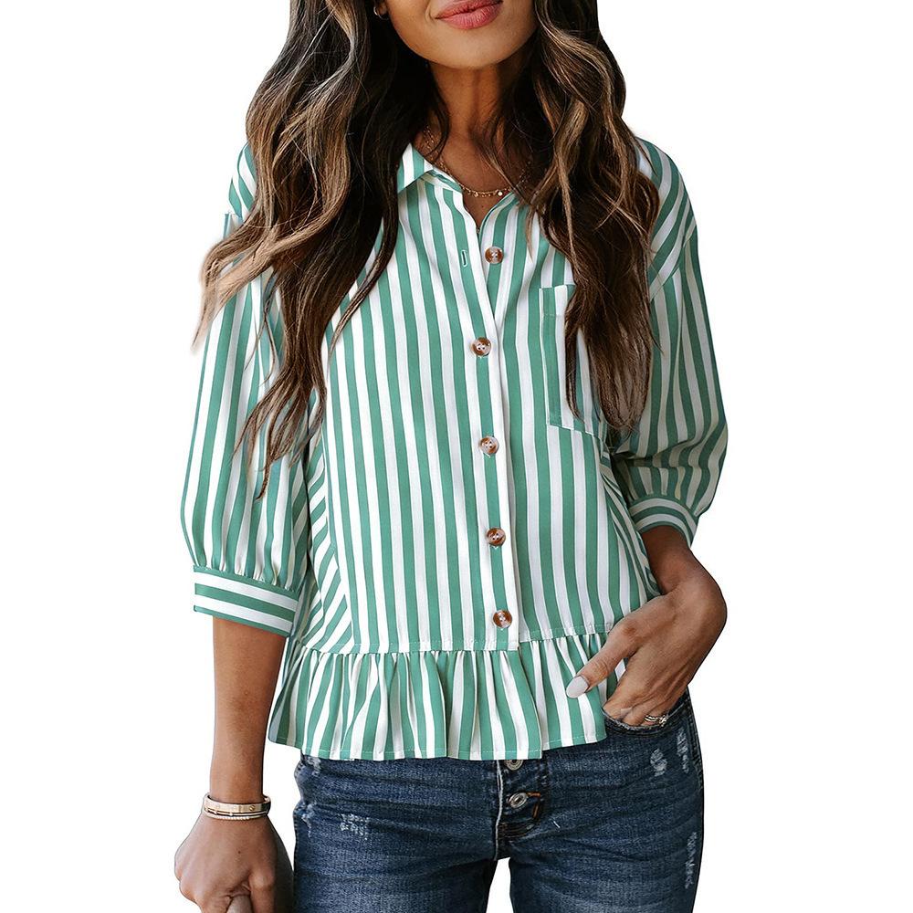 Women's Collar Three Quarter Sleeve Button Down Striped Blouse Loose Vintage Ruffle Hem Casual Commuter Shirt