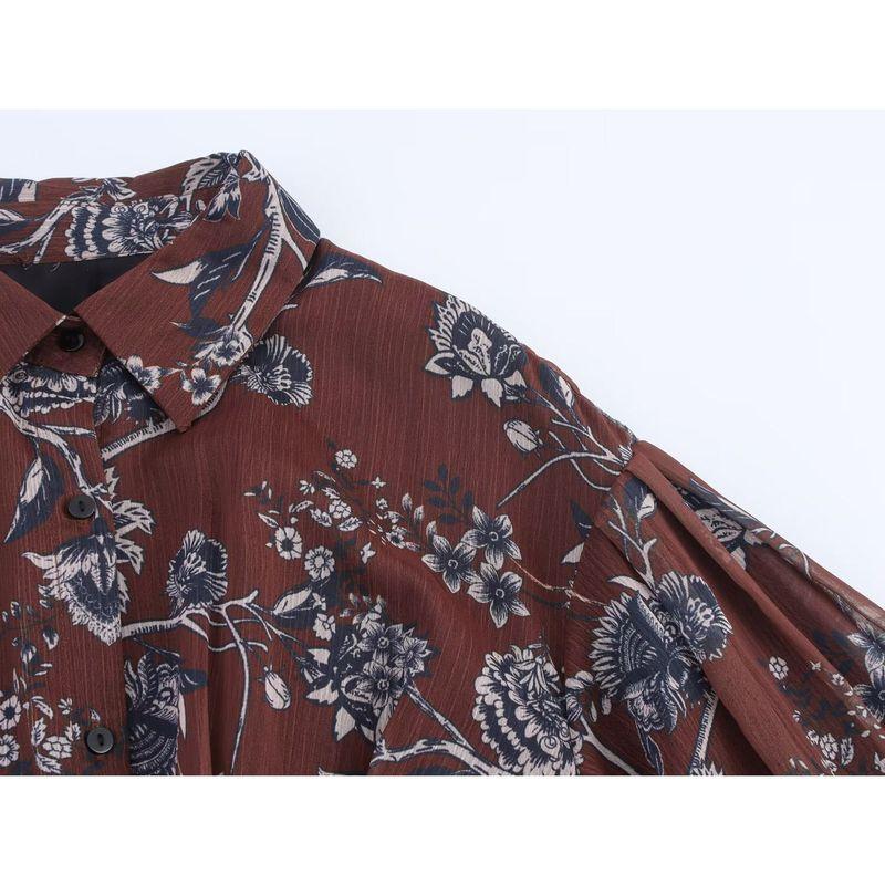 Kaslead New Women Clothes Western Style Fashion Shirt Single-Breasted Chiffon Printing Puff Sleeve Dress