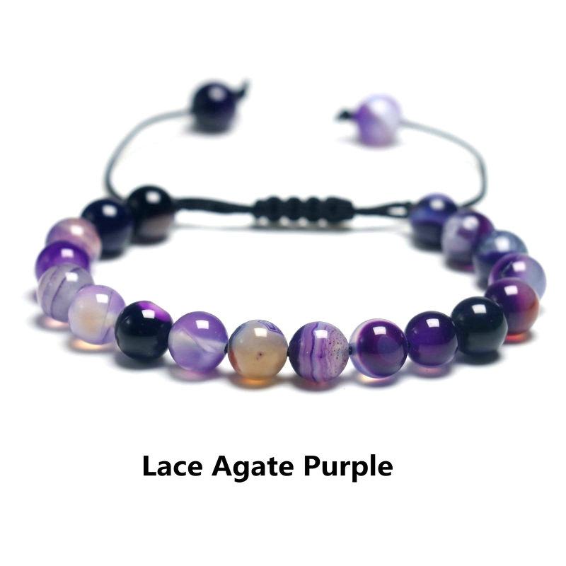 Perlenarmband für Frauen, 8 mm Stein, lila Streifen, Achat, geflochtenes Seil, Bettelarmband, Meditationsarmband für Paare, Schmuck für Männer