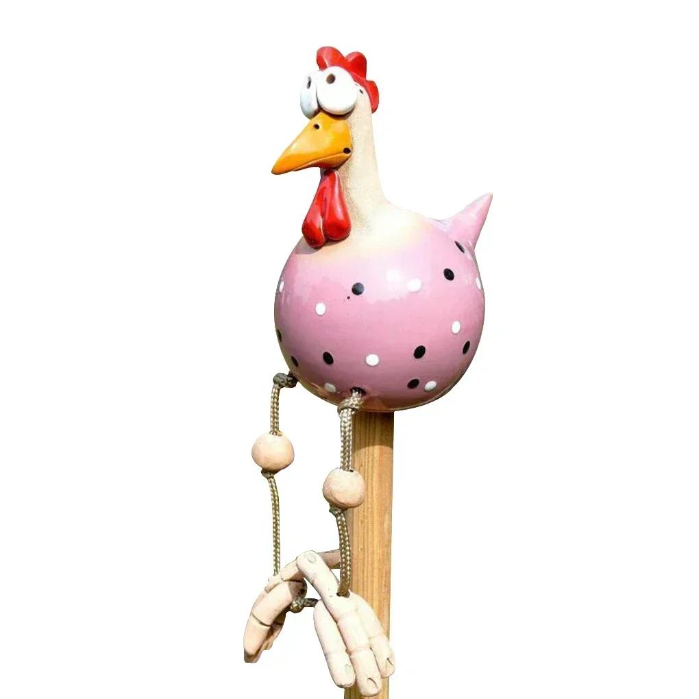 Funny Big Eyed Chicken Statue Long Foot Hen Sculptures Garden Fence Art Supplies Wooden Stake Decoration Resin Crafts