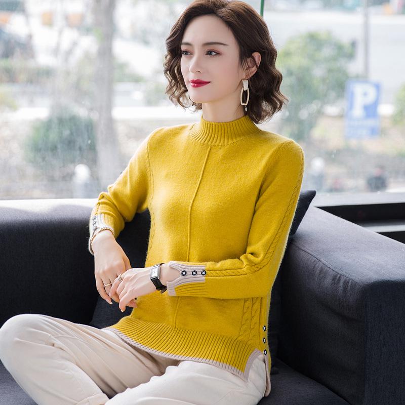 Half High Neck Sweater Split Hem Design Women's Knitted Pullover Casual Solid Color Sweater Harajuku Commuting Autumn and Winter