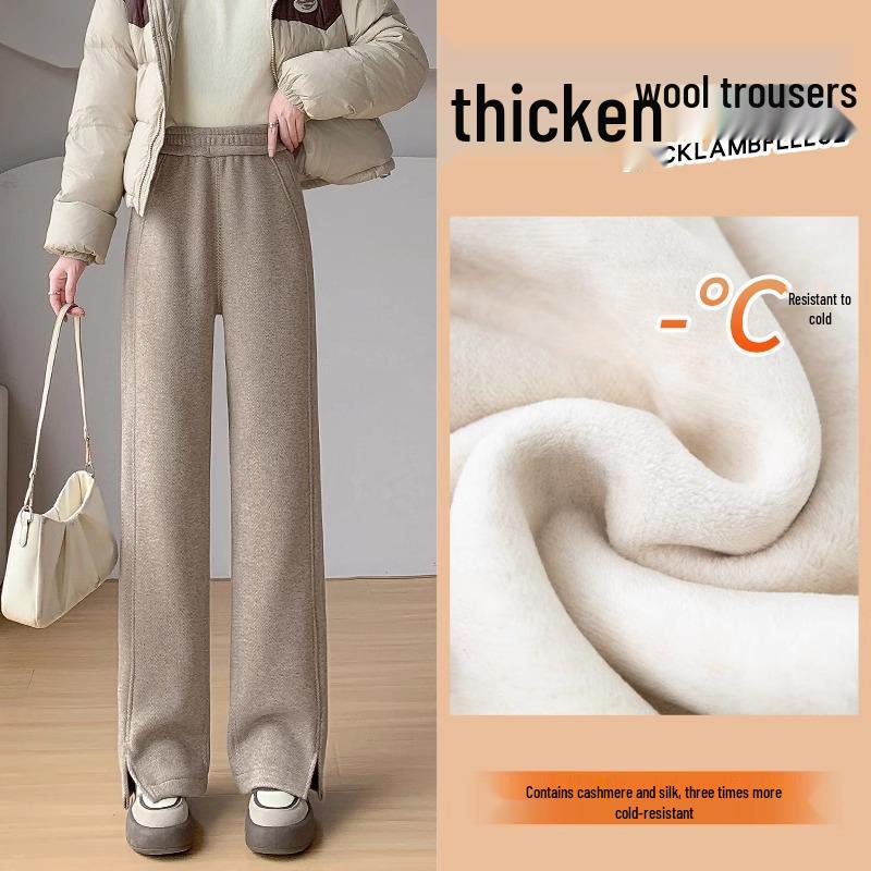 

Женские брюки с высокой посадкой из шерсти и шелка, утягивающие - на флисовой подкладке, плотные брюки прямого кроя для осени/зимы 2024 5XL (for 180-200 jin)