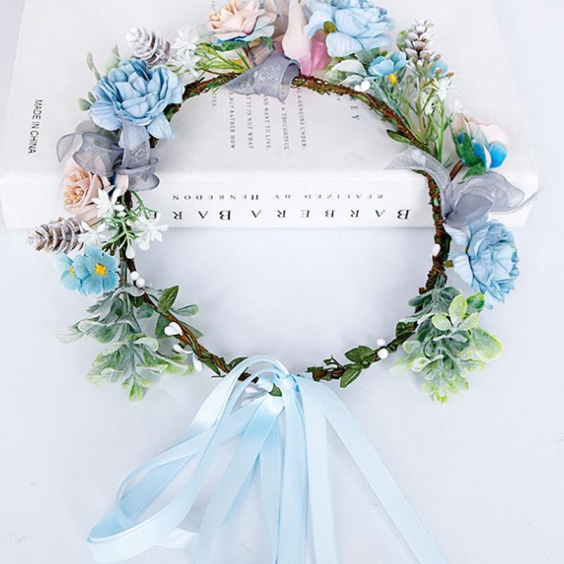 Blue Flower Hair Wreath Headband Crown Garland with Adjustable Ribbon Festivals Wedding Party Headpiece for Women Girl
