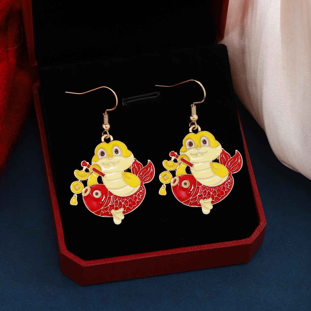 Snake Zodiac Enamel Pendant Earrings - Festive New Year Blessing for Women