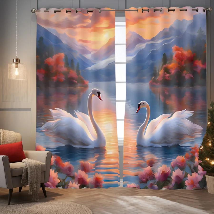 2 Pieces of Beautiful and Elegant Swan Patterned Printed Curtains, Used for Decoration, Bedrooms, and Living Rooms