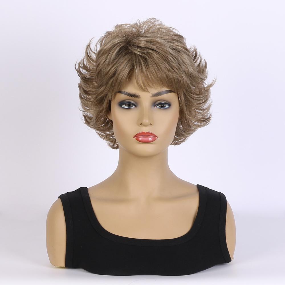 European and American Style Women's Fashion Daily Use Natural Looking Short Curly Wig with Bangs Synthetic Fiber Brown Wig