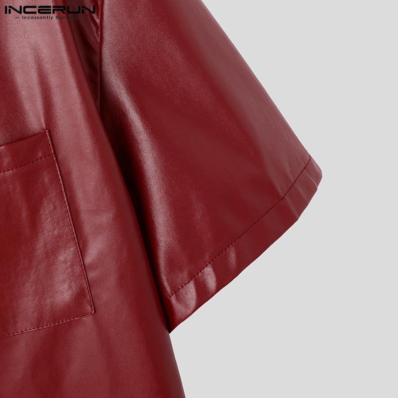INCERUN Men Lapel Neck Short Sleeve Buttons Up PU Leather Tops Shirts