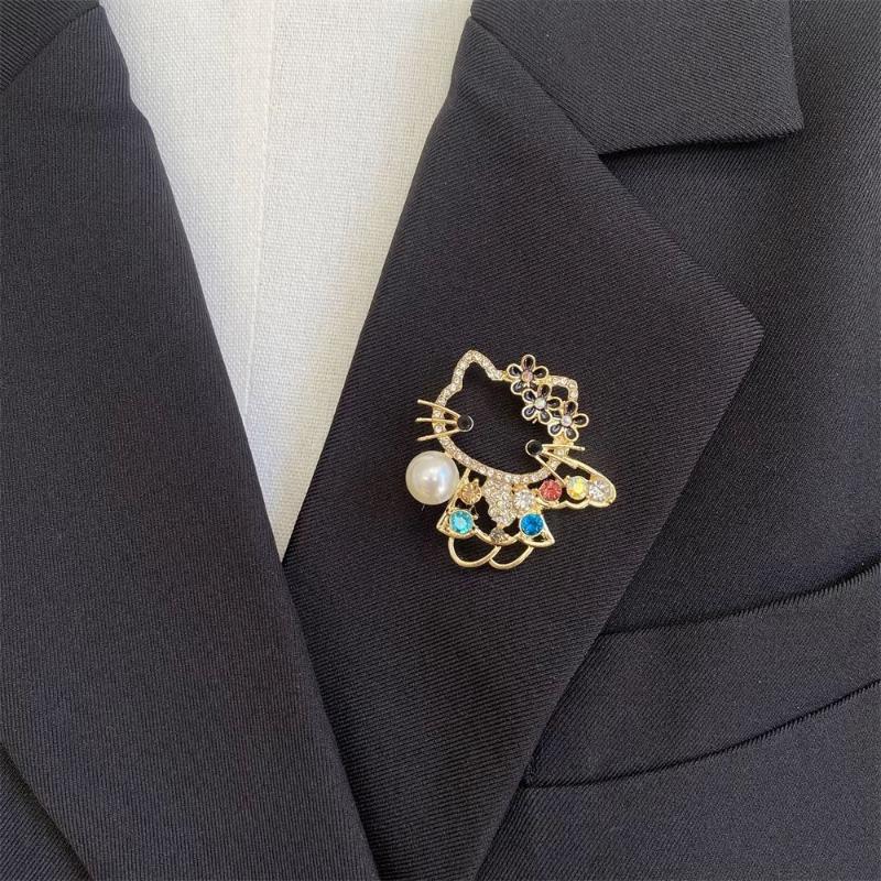 Multicolor Crystal Gem Pearl Big-Headed Cat Cute Enamel Pins Zircon Cartoon Metal Women's Brooch Jewelry Accessories
