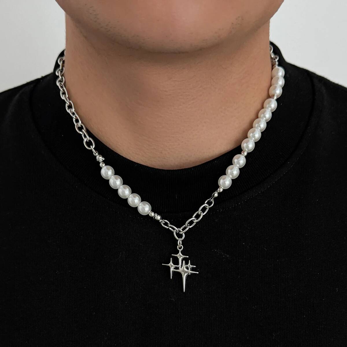 

SHIXIN Hip Hop Geometric Star Pendant Necklace for Men Retro Punk Imitation Pearl Choker Necklace Fashion Jewelry on the Neck